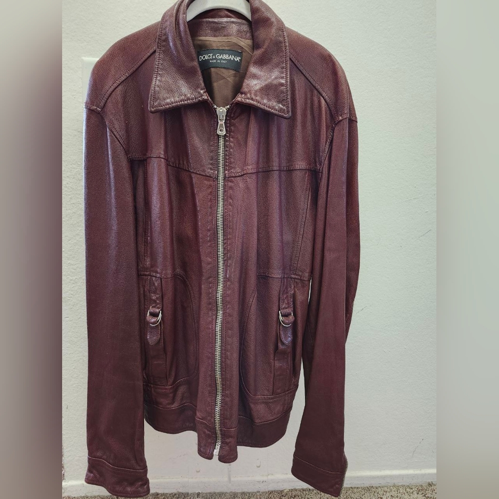 DOLCE & GABBANA Burgundy Leather Bondage‎ Strap Zip Up Bomber Jacket  Eu 58